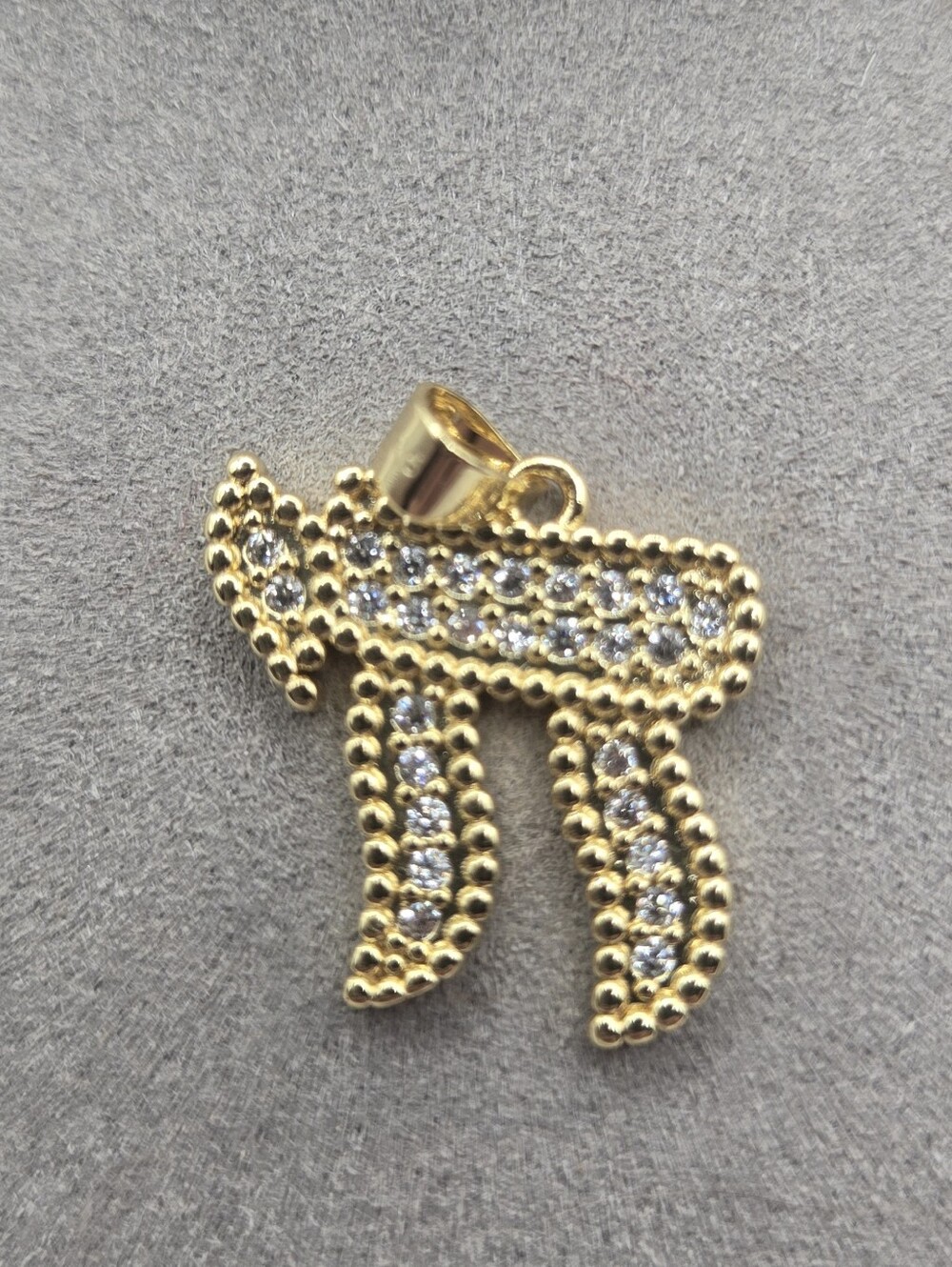 Gold Over Brass Chai Pendant Clear Crystal Jewish Judaica Necklace Charm